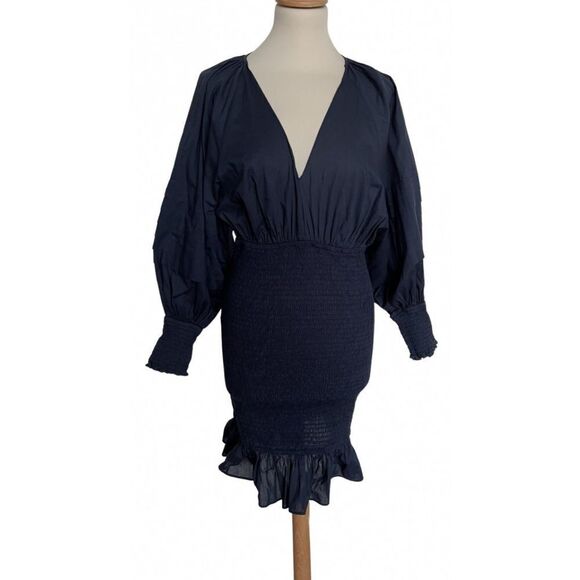 Rhode Smocked Cotton Poplin Mini Dress Navy Blue Large - Picture 3 of 5